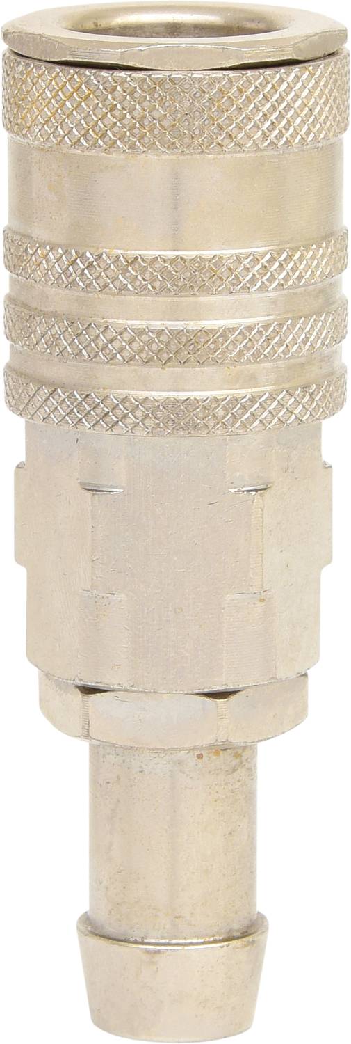 A silver metal plug with a ridged surface, likely a pneumatic quick-coupling adapter, isolated on a white background.