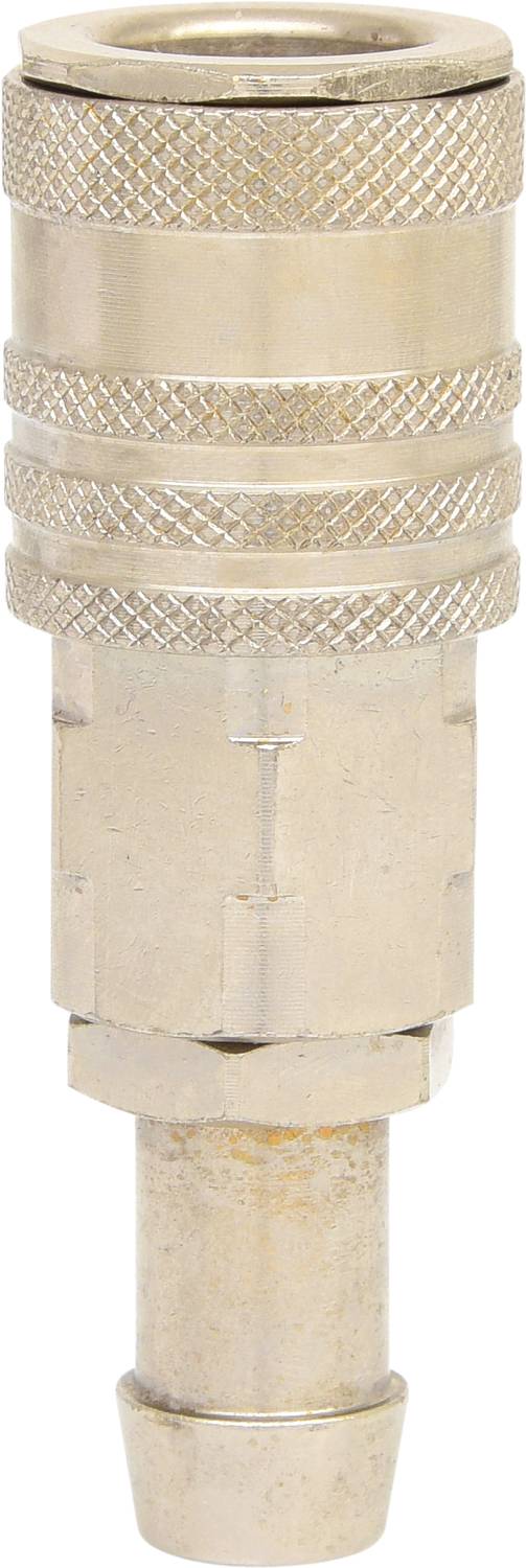 Metallic quick-release coupling connector, cylindrical with ribbed handle, for connecting compressed air hoses in pneumatic systems.