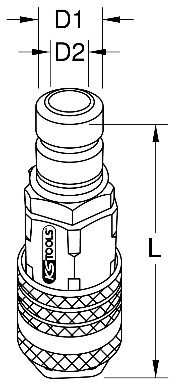 Technical drawing of a connector nipple with dimensions for diameter D1, D2 and length L. Drawn details of the attachment.