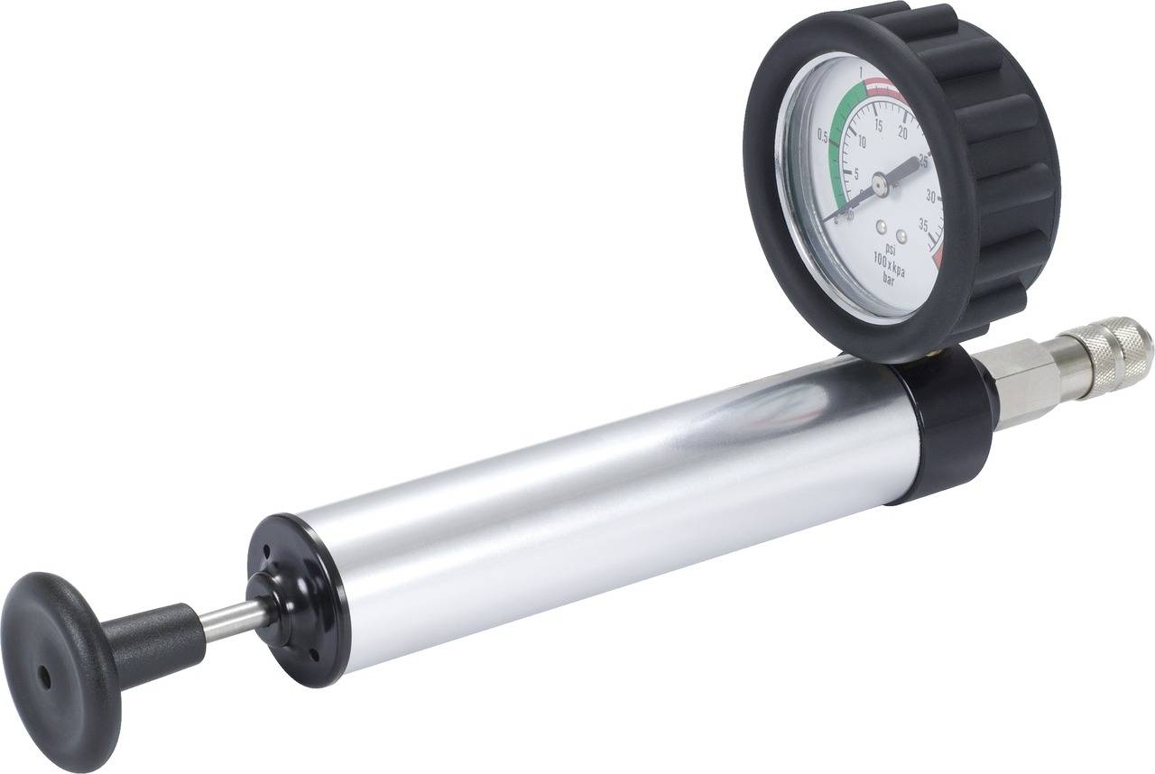 Hand pump with pressure gauge, suitable for generating compressed air in technical applications. Schematic scale shows pressure values.