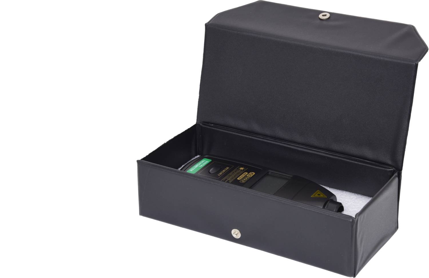 An open black case reveals an electronic device with a display and buttons. The device is partially visible inside the case.