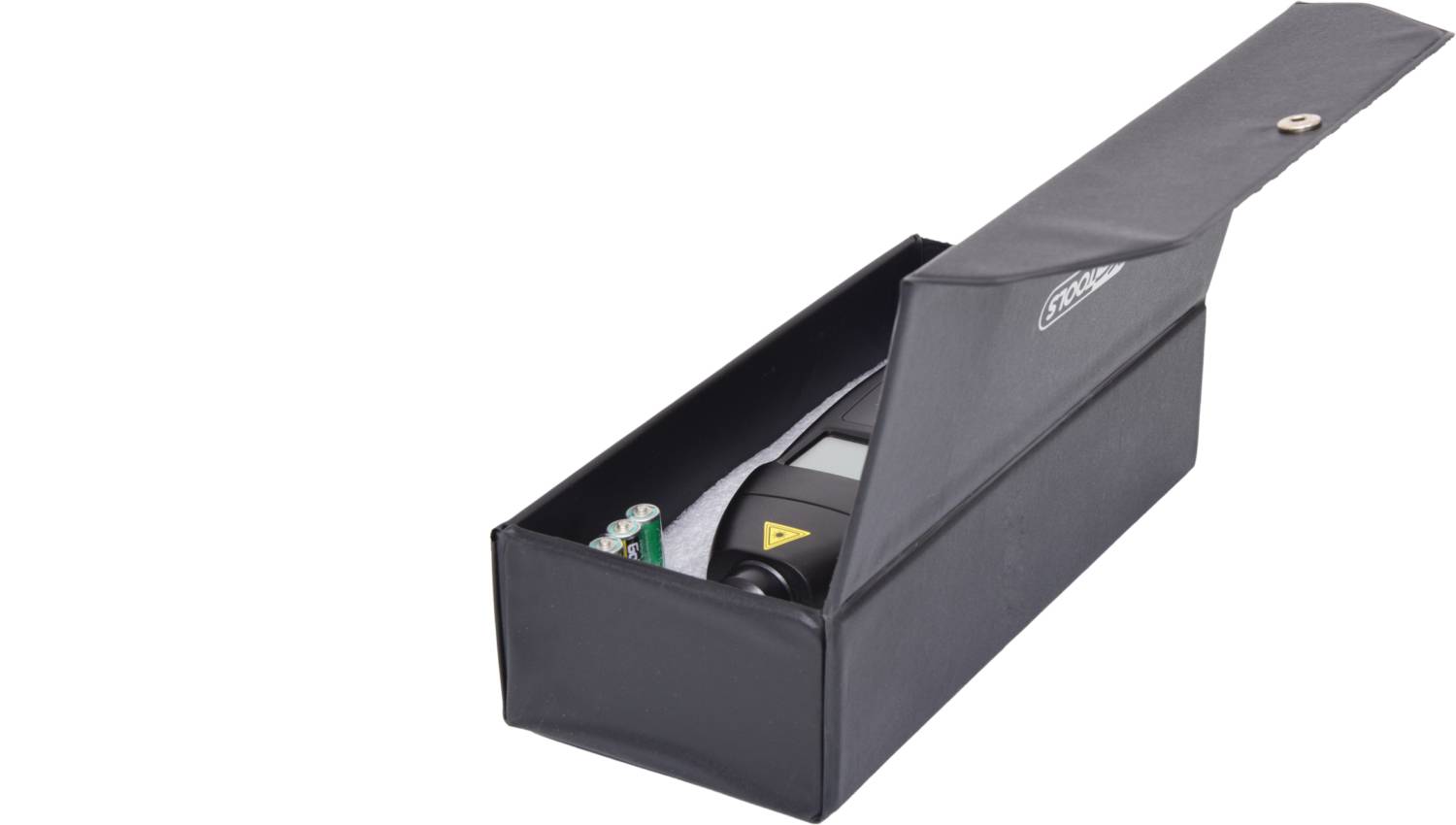 A black case, slightly open, contains a measuring device with a digital display and accessories.