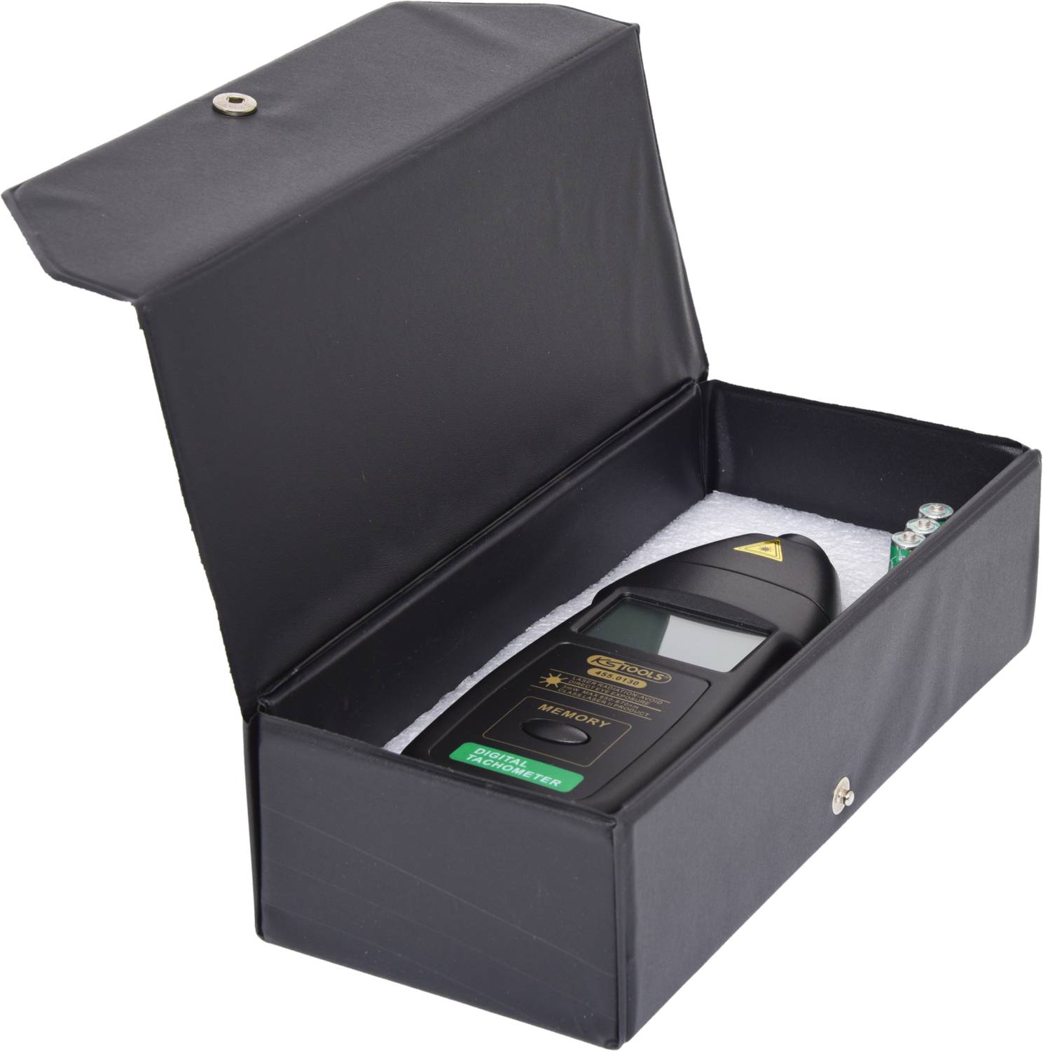 A laser rangefinder in an open black box next to batteries, ready for use.