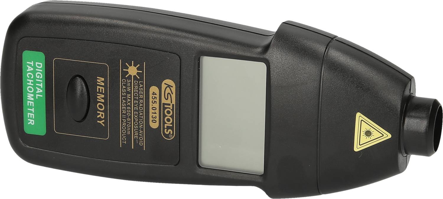Digital tachometer by KS Tools with LCD screen and black casing. Used for measuring engine RPM.