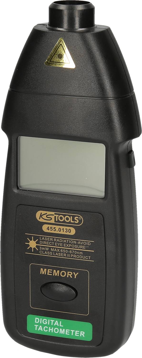 A digital tachometer with display and controls. It shows the brand name and indicates laser protection.