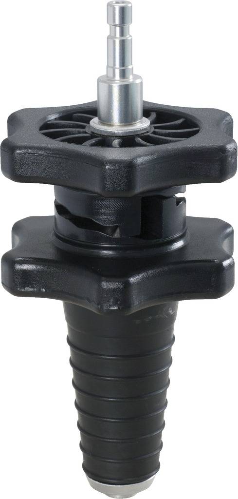 Black plastic wall plug with screw and metal pin, likely used for fixing materials or in components.