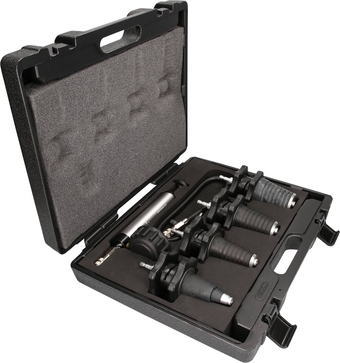 Toolbox with various attachments and a handheld device, likely for mechanical work or repairs.