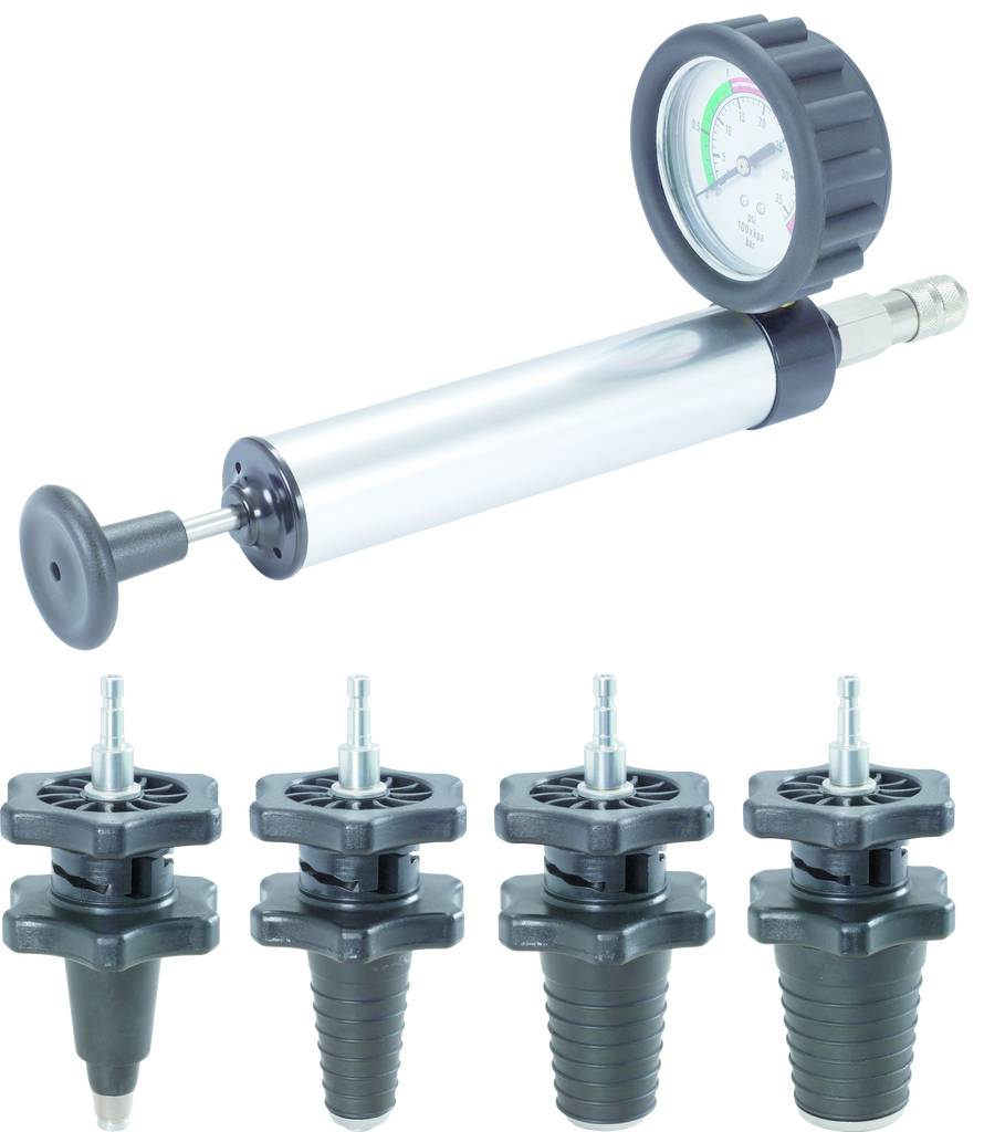 A tyre valve pump set with pressure gauge and five different attachments. Ideal for precise pressure measurement and inflation.