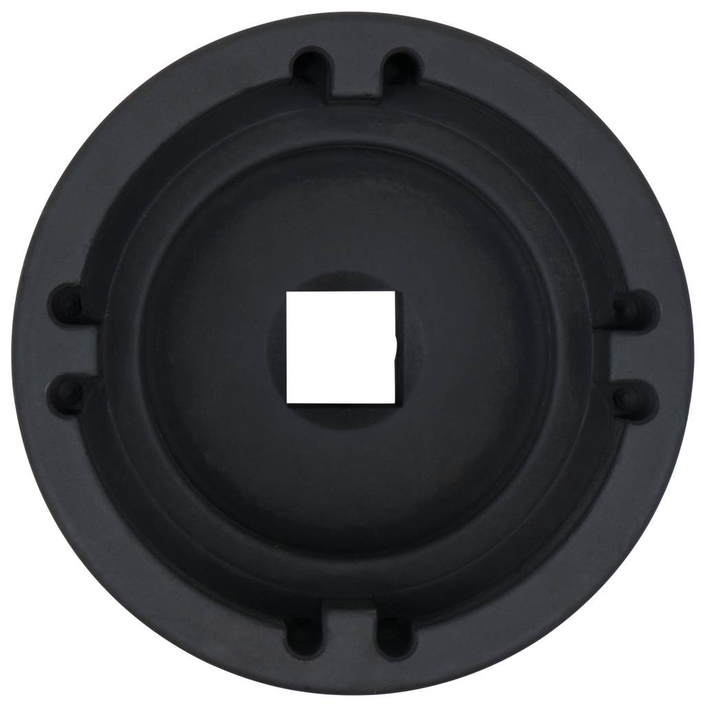 A round, black object with a square opening in the centre, likely a cover or closure element.<br><br>Note: I've used British English spelling of "centre" and made the translation sound natural while preserving the original meaning.