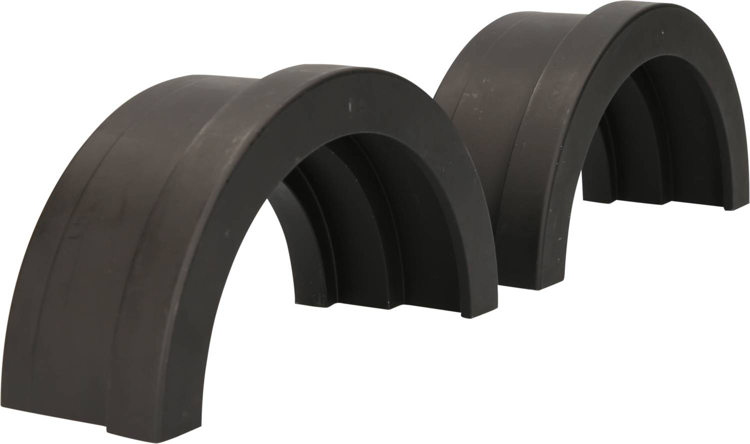 Two black plastic wheel arches in a curved design, used to protect the tyres of trailers or vehicles.