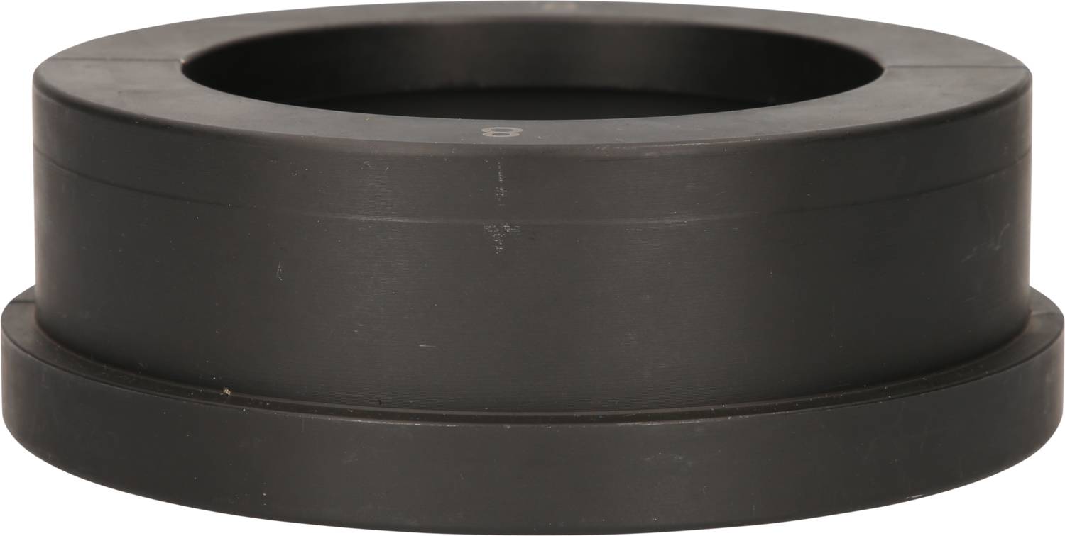 A black, round plastic lid with a flat rim is shown from the side. The lid has a smooth surface.