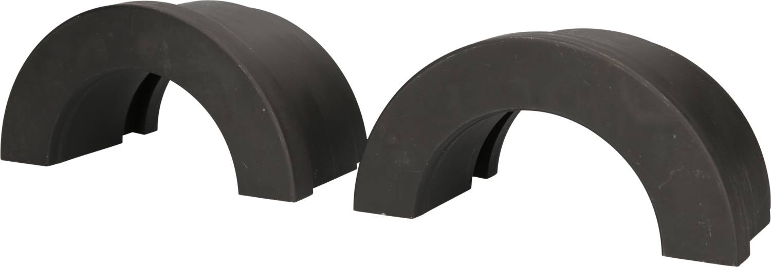 Two black, semi-circular plastic components, possibly used as protective devices or covers, on a white background.