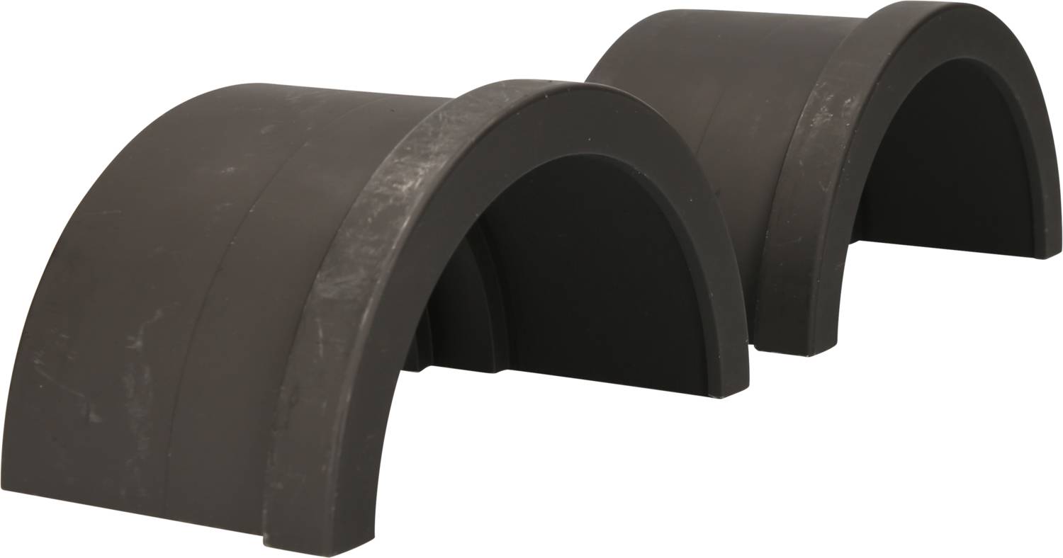 Two black, curved rubber coverings, placed side by side. They could serve as protective covers or barriers.