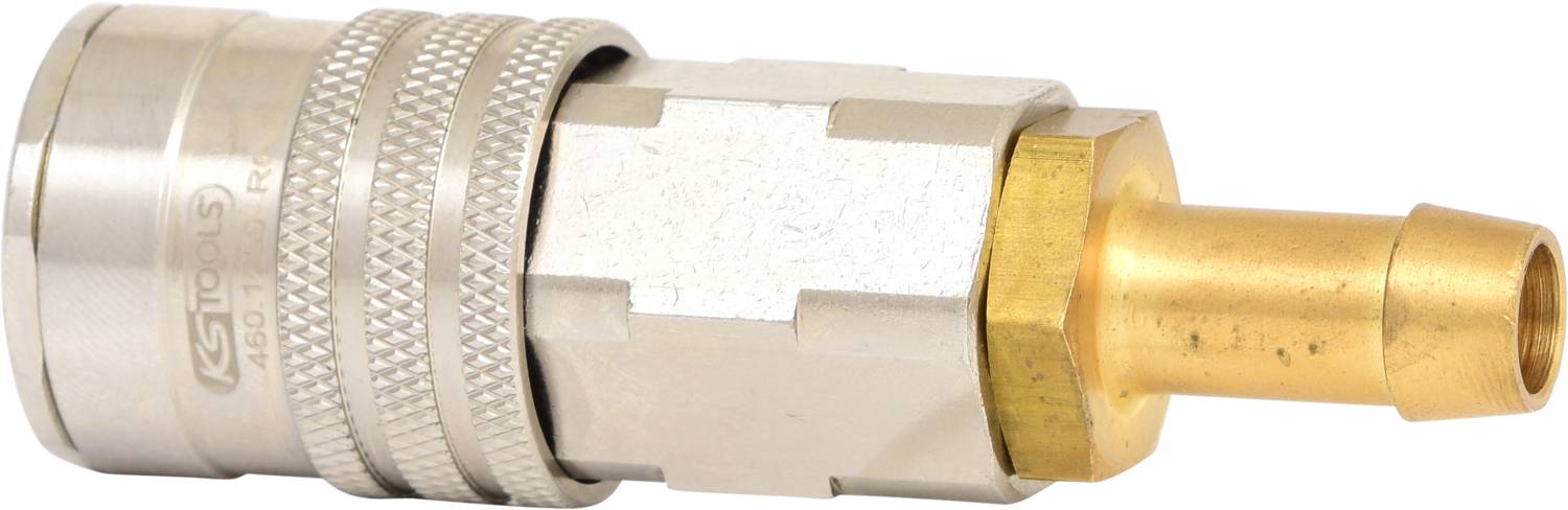 A metallic quick-release plug with a ribbed grip and a gold-coloured connector.