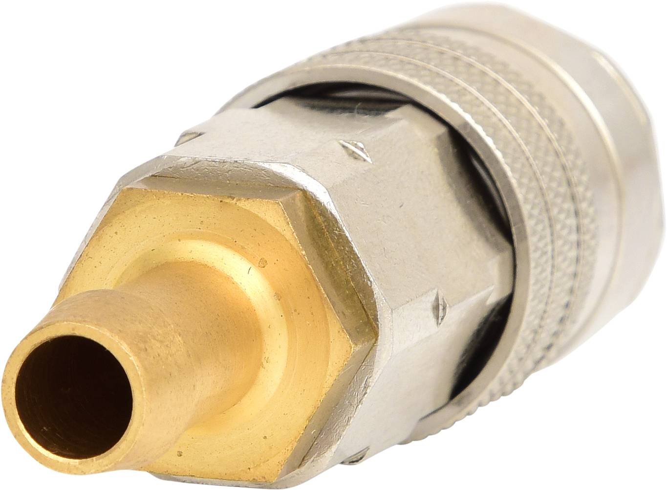 Metallic connector with a hexagonal head and knurling for secure grip, used in pneumatic systems.