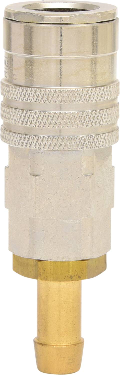 Metallic quick-release coupling plug with a ribbed surface and brass base. Used for rapidly connecting hoses or pipes.