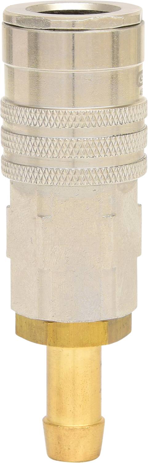 A silver quick-release coupling plug with a knurled grip and gold-plated tip, used for compressed air systems.