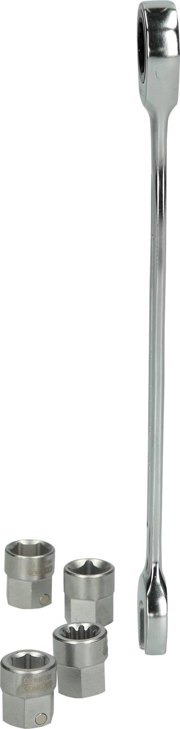 A silver ring key with additional socket nuts.