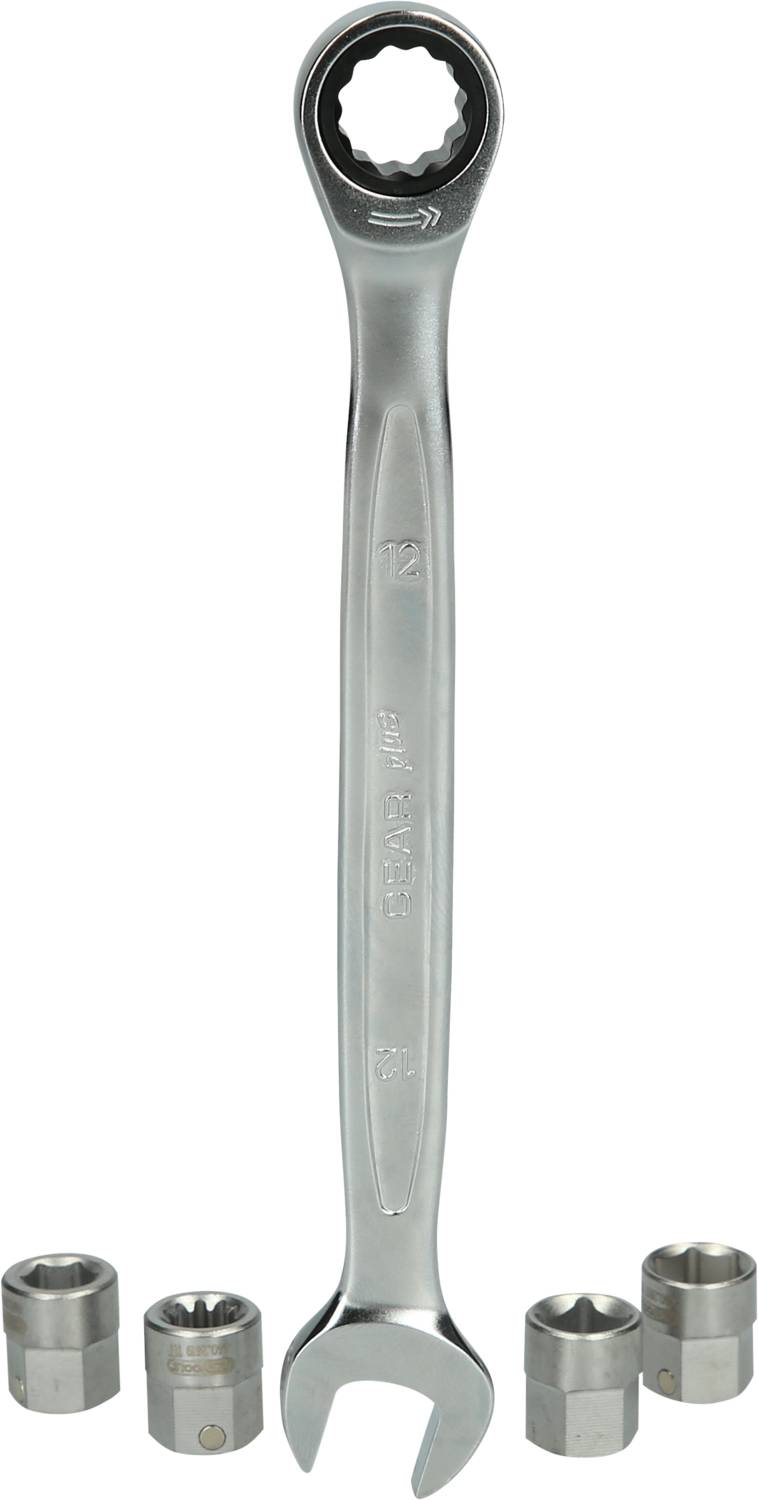 A ring spanner with various attachments. The spanner has an open and a closed hexagonal head.