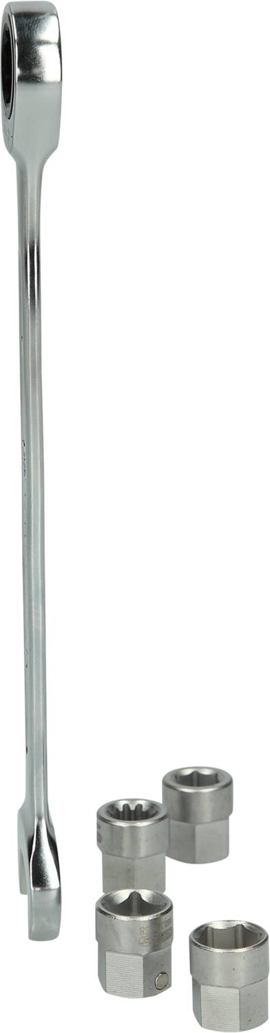 A long, chrome-plated torque wrench with four matching sockets. All parts are metallic and gleaming.