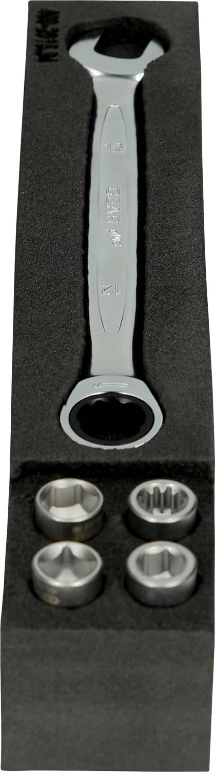 Spanner and Socket Set in Foam Case, containing a combination spanner and four sockets, organised for easy storage.