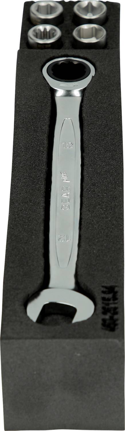 Spanner set with foam insert containing six socket attachments. Ideal for secure storage in the workshop.