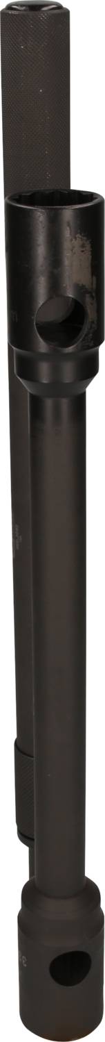 A black, vertically standing pipe with circular openings, which could be part of a larger technical or mechanical device.