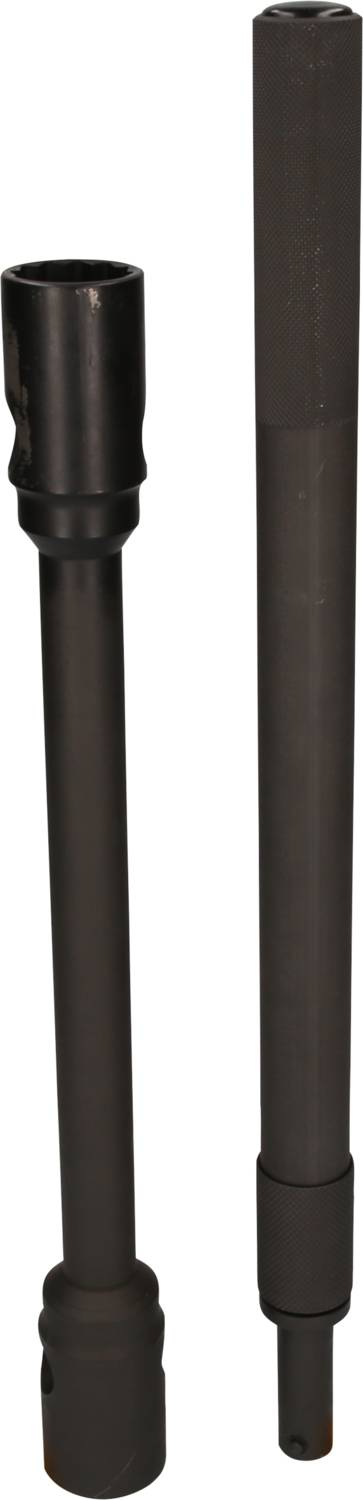 Two black metal pipes, standing side by side. One pipe is longer, both appearing robust and industrially manufactured.