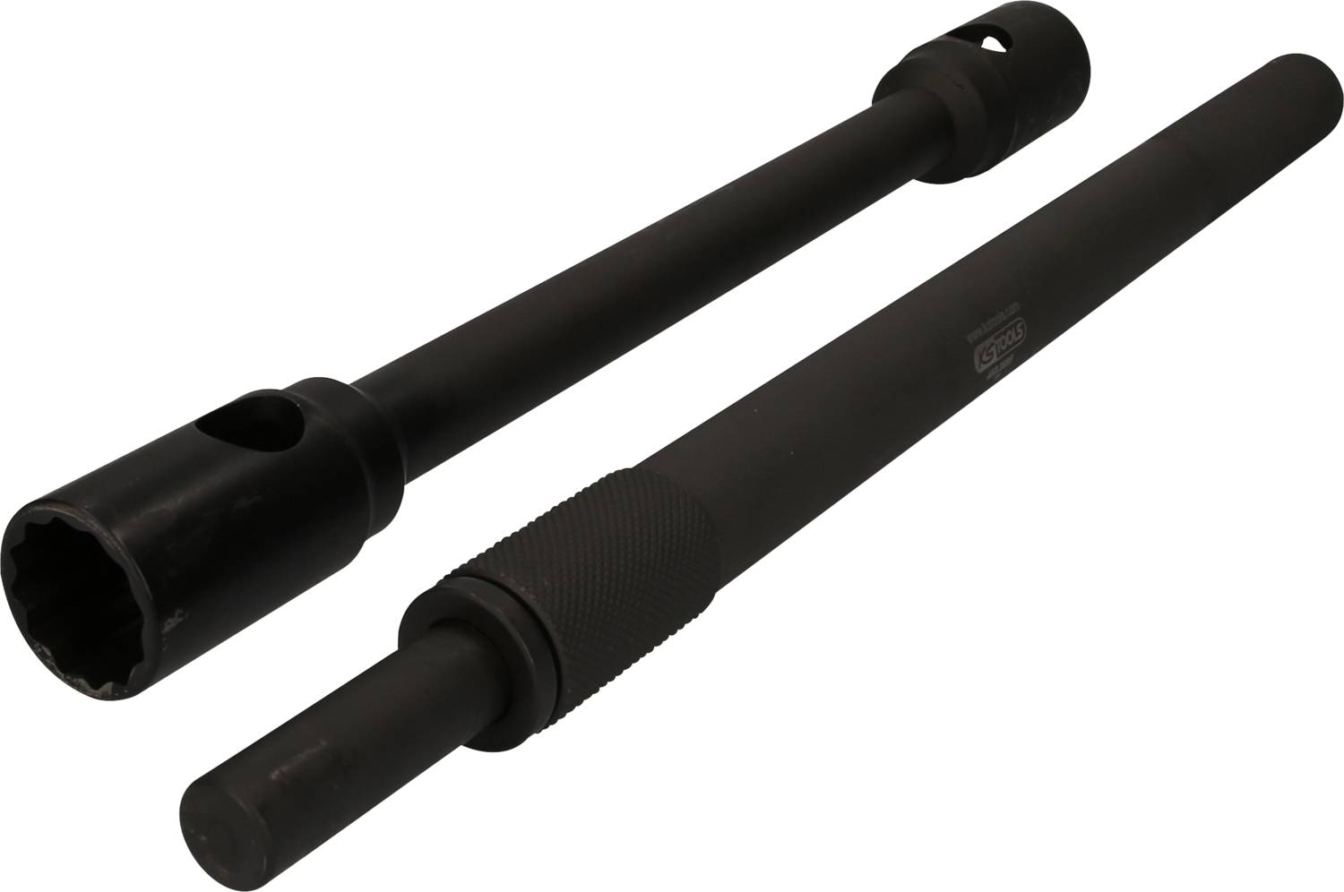 'Two black metal extension rods, one with a ribbed surface for better grip, both arranged in parallel.'