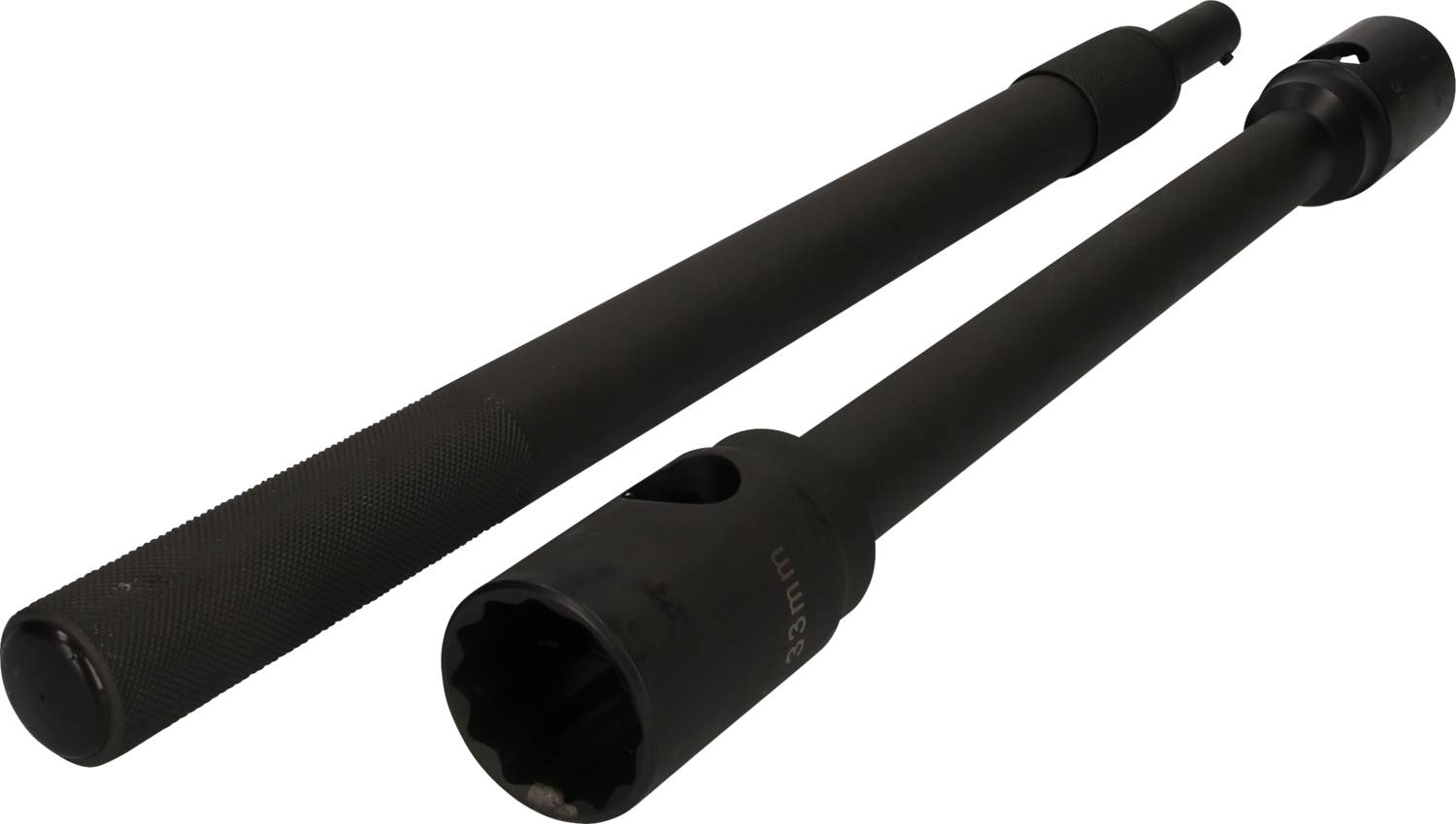 'Image of two black extension tubes supporting tool attachments. Both have knurled handles for better grip.'