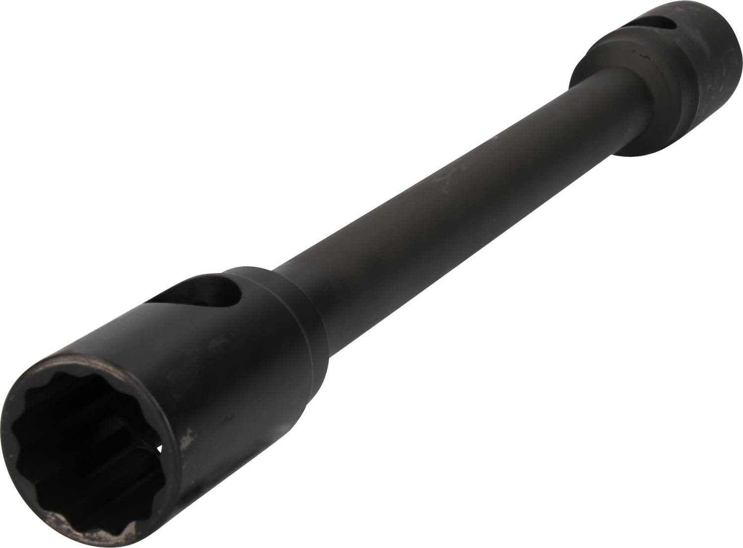 A black spanner with a hexagonal end lies at an angle on a white background. Suitable for tightening large nuts.