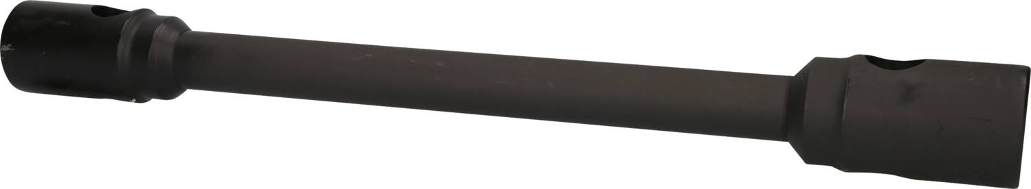 A black metal tube with a cylindrical body and straight ends, possibly a component of a technical device.