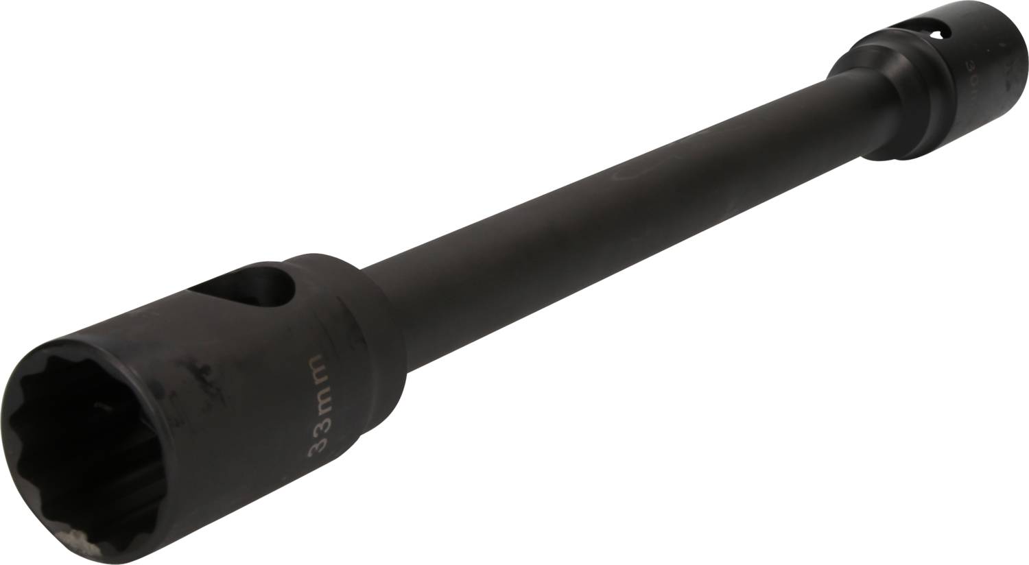 A black, metallic socket wrench with 33 mm, suitable for car wheels or large nuts.