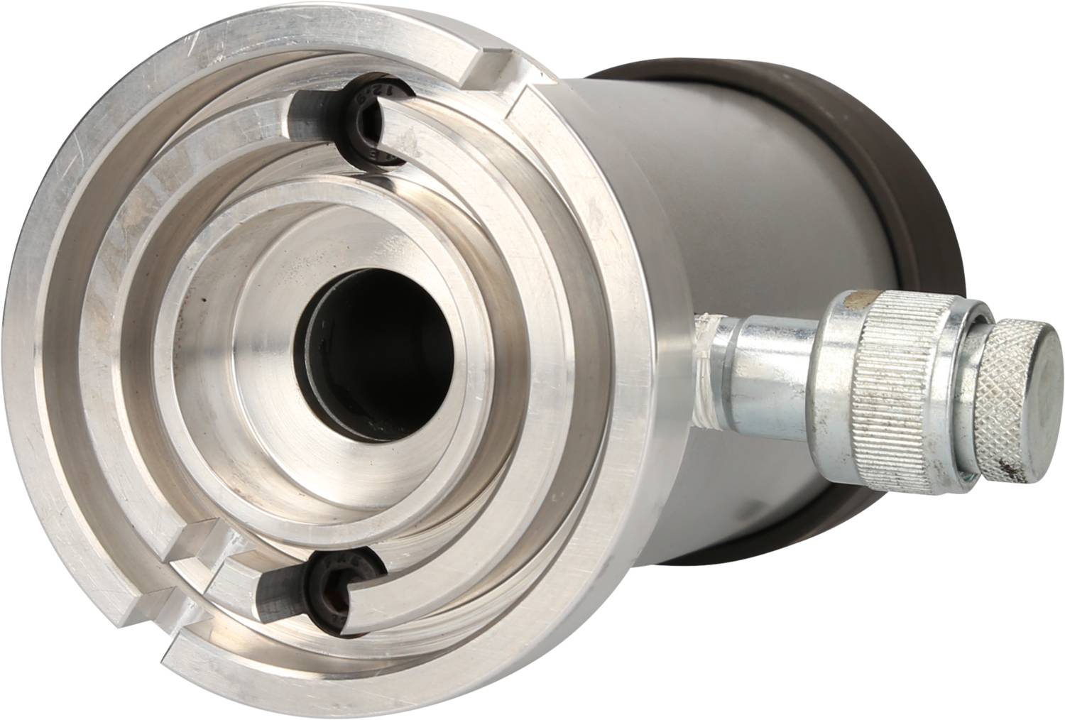 Metallic cylindrical mechanism with multiple concentric rings and a lateral connection. Used for industrial applications.