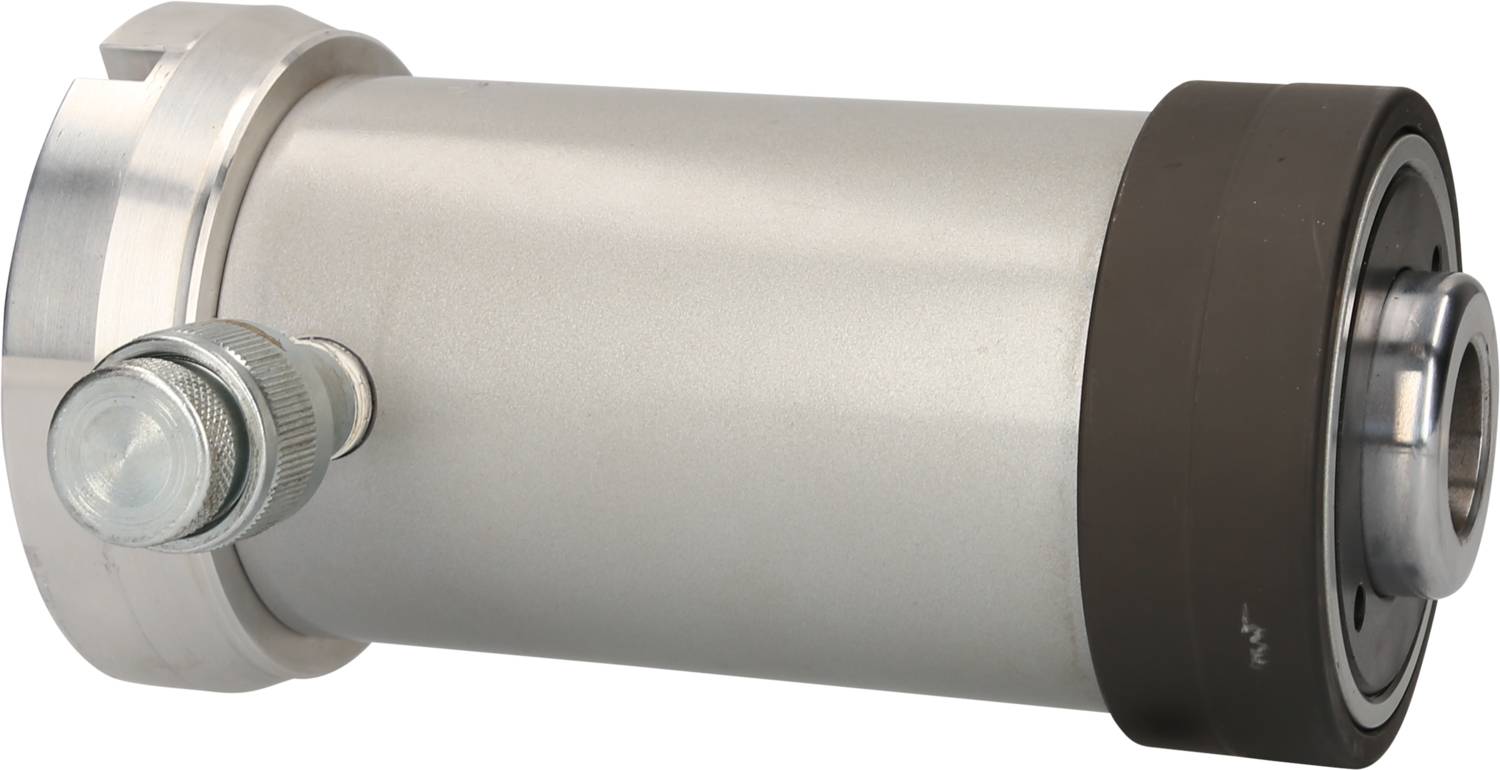 Grey cylindrical machine component with black and metallic ends, likely a mechanism or connecting element.