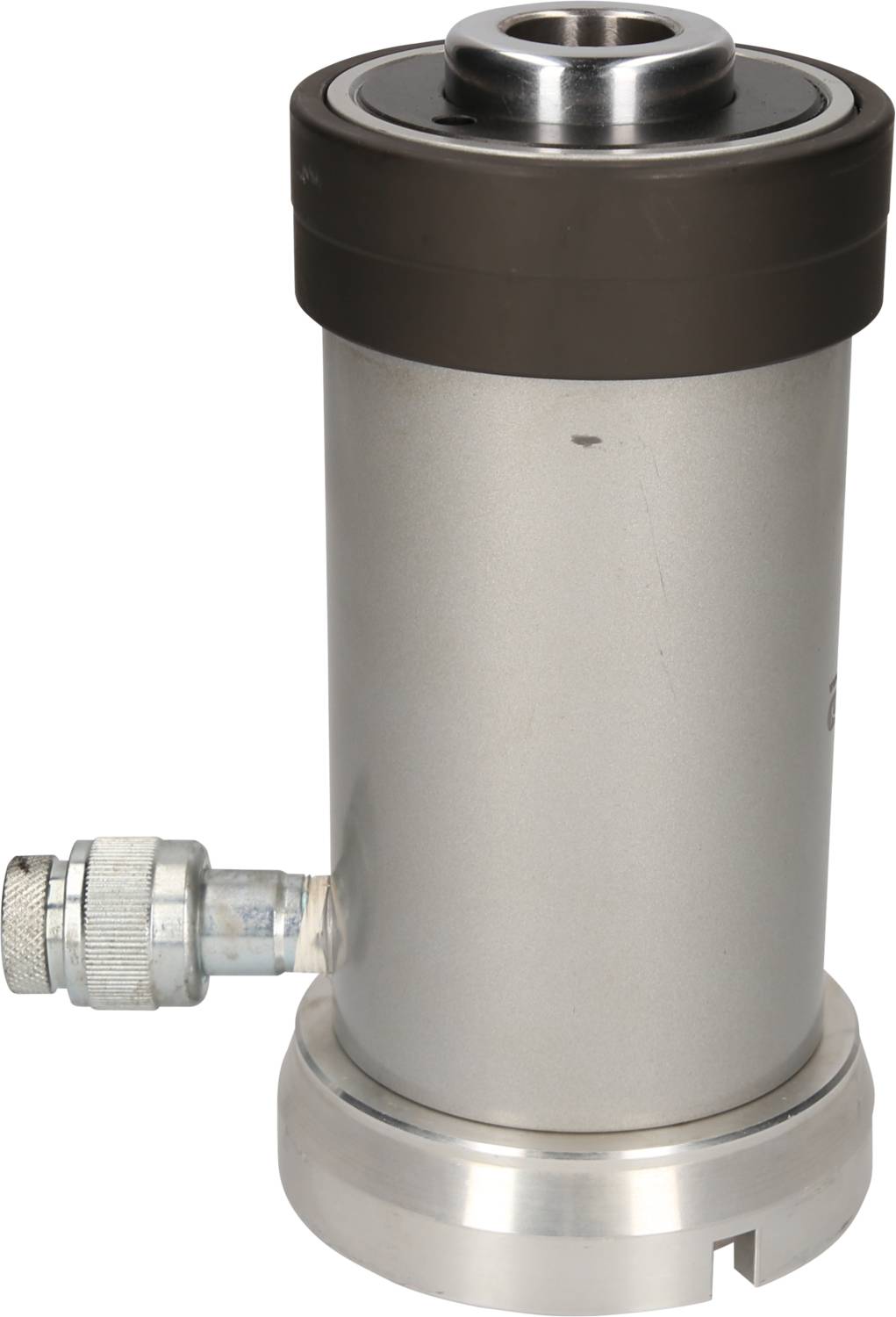 Hydraulic cylinder with silver body and black cap, side connection for liquid supply.