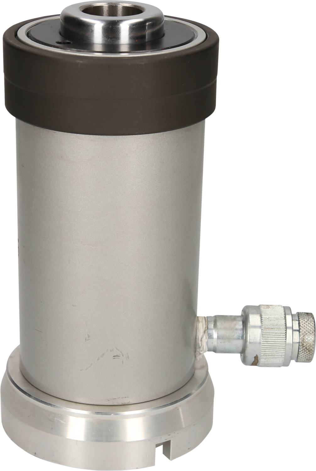 Stackable metal hydraulic cylinder with a brown head piece and side connection, used for industrial applications.