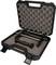 An open black transport case with foam padding containing a metal tool set, including various rods and clamps.