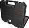 A closed, black hard-shell suitcase with a handle. A label is located on the front. The suitcase is slightly open.