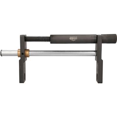 A tool for mounting bearing bushes, with a long screw mechanism and robust mounting brackets to secure it during use.