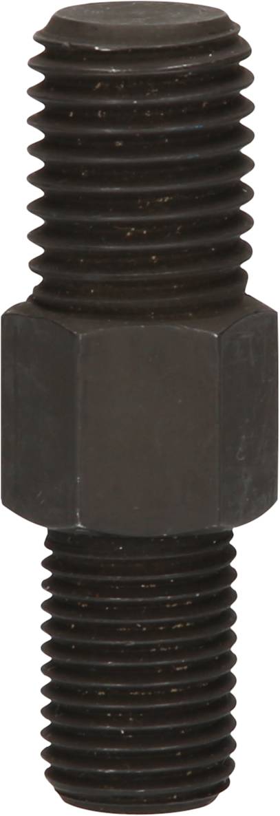 A black threaded bolt with threads at both ends and a hexagonal central section, suitable for securing with a spanner.