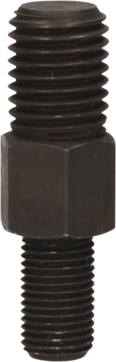 A black, metal double threaded rod with a hexagonal central section, used for connecting or securing components.