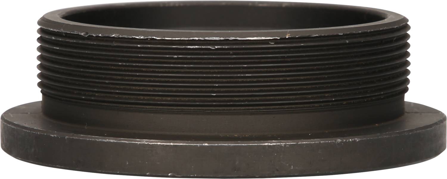 Black, round metal nut with thread and wide base, side view.
