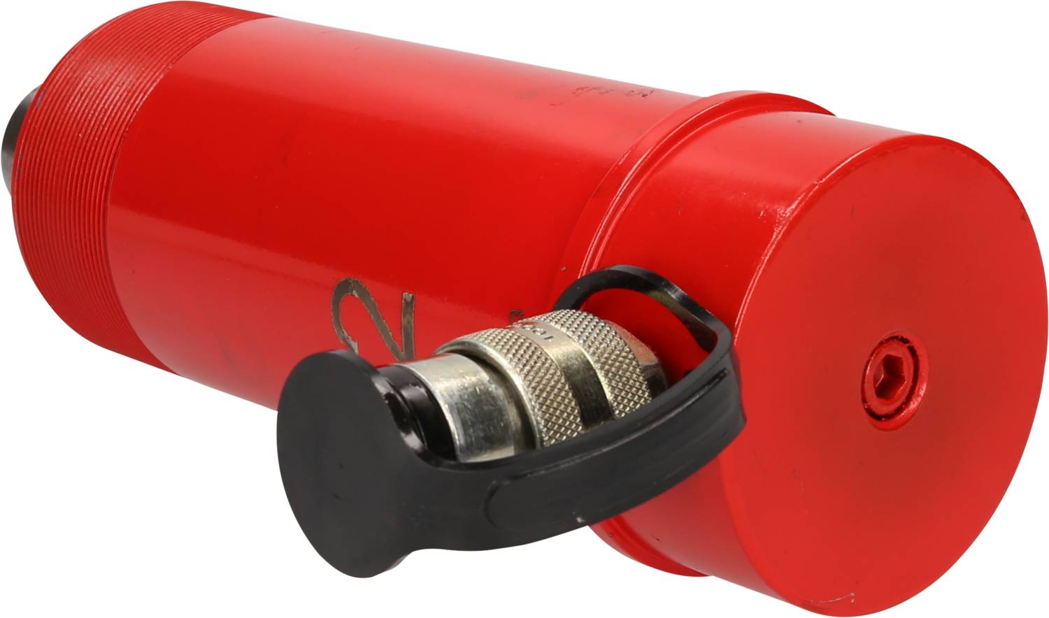 Red hydraulic cylinder with black protective cap.