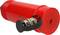 Red hydraulic cylinder with black protective cap.