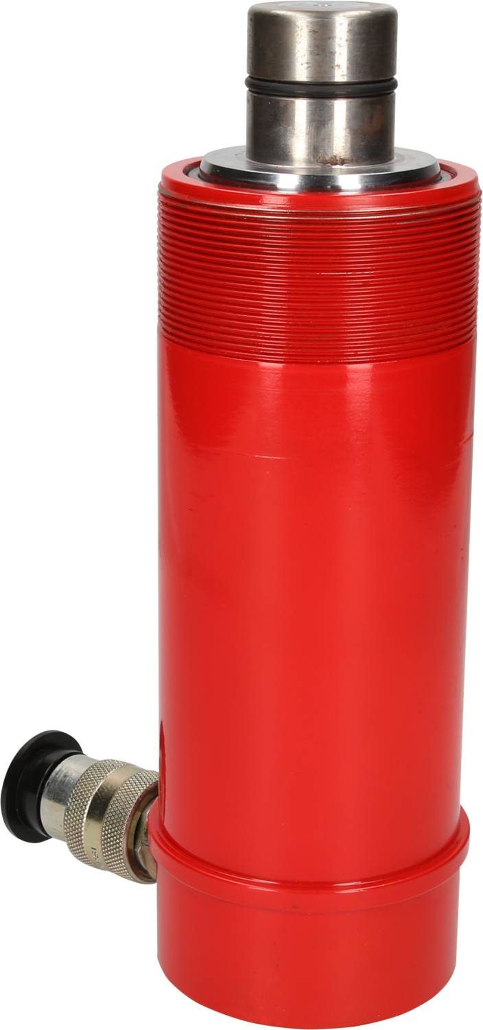 A red hydraulic cylinder with a silver top and a side port opening. Used for power transmission.