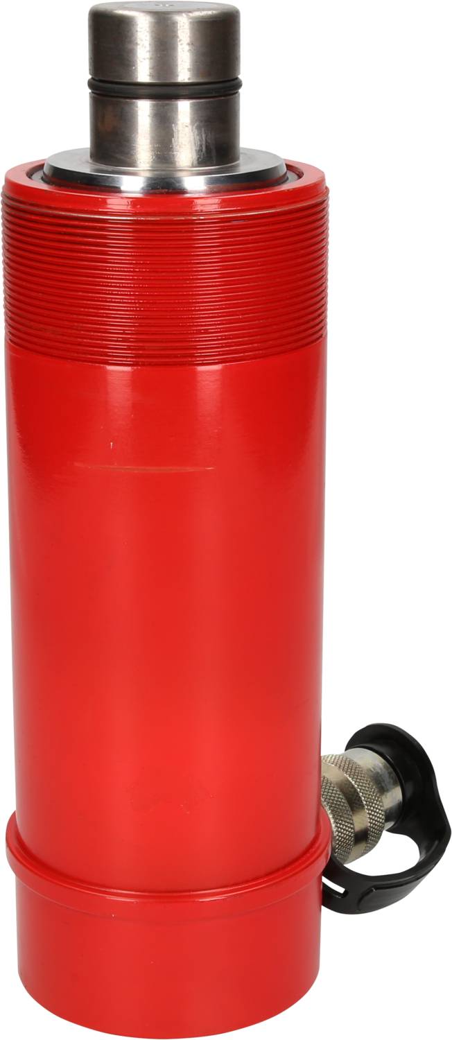 Red hydraulic cylinder with black handle and metal cap, used for lifting or pushing heavy loads in construction.
