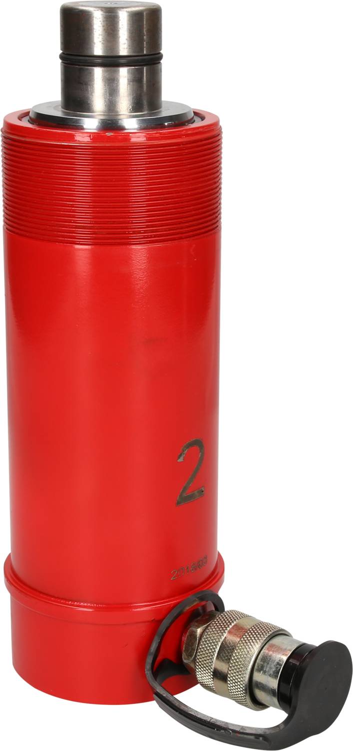 Red hydraulic cylinder with black connection and steel piston at the top, numbered '2', against a white background.