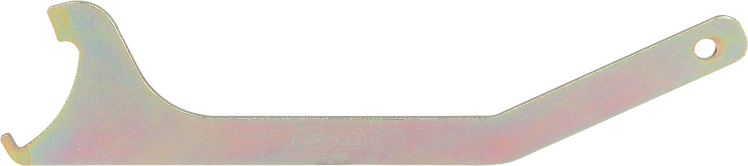 A flat hook spanner with a curved edge and a hole in the handle. It is used for special screws or nuts.