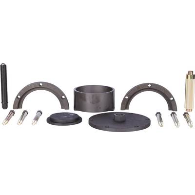 A collection of automotive tools: two half-discs, cylindrical adapter, base plate and screws. Designed for wheel bearing work.
